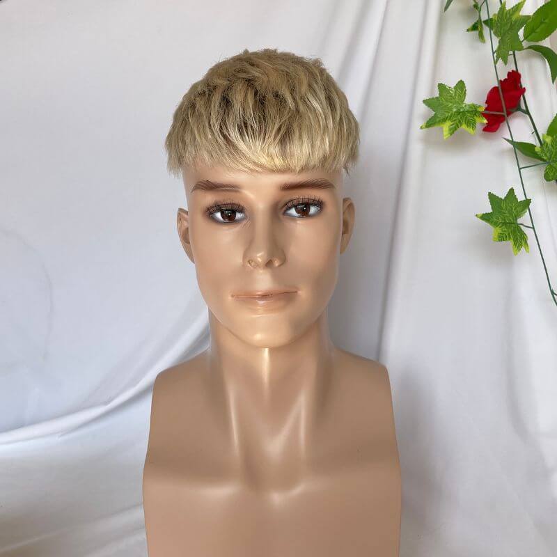 100% Human Hair Men's Toupee Ombre T60 Platinum Blonde and Black 3 Inch After Cut New Hairstyles Men's Toupee Super Thin Mono Lace with PU Around Ombre Blonde 60 Color10" x 8" Toupee