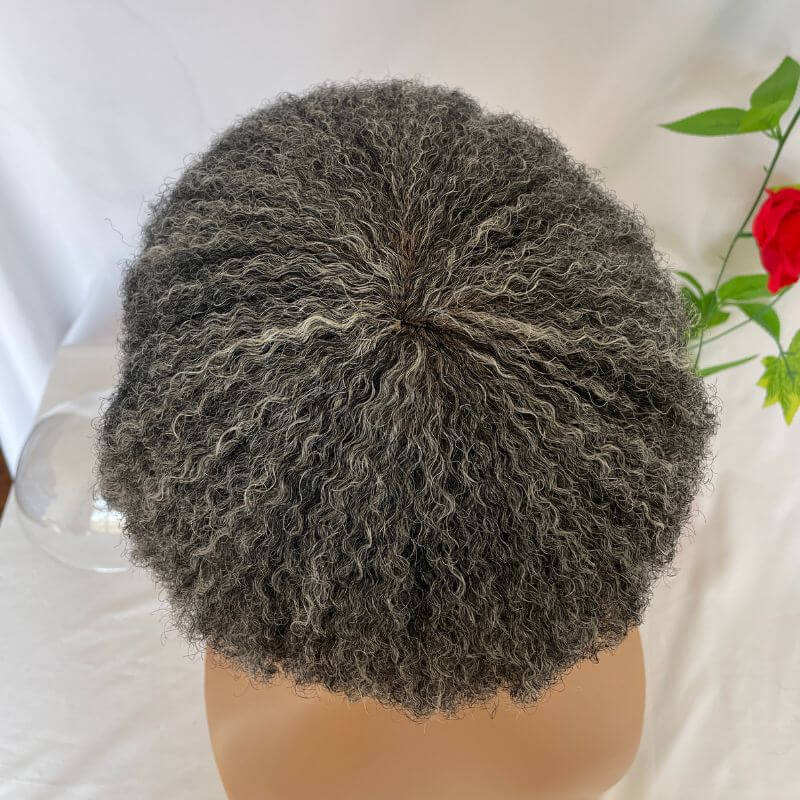 Men Toupee  Human Hair Afro Curly 1B 50 Natural Black Mixed 50% Grey Toupee for Men 8x10 inch Afro Curl Toupee for Black Men Full French Lace Hair System 360 Weave Men Toupee Hair System