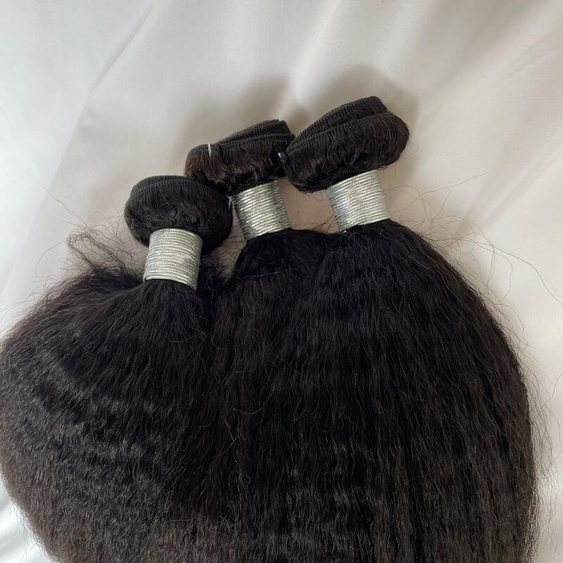 Pwigs High-quality Kinky Straight  Brazilian Human Hair Bundles Remy Kinky Straight  Hair Weft  #1b Natural Black Hair Extensions