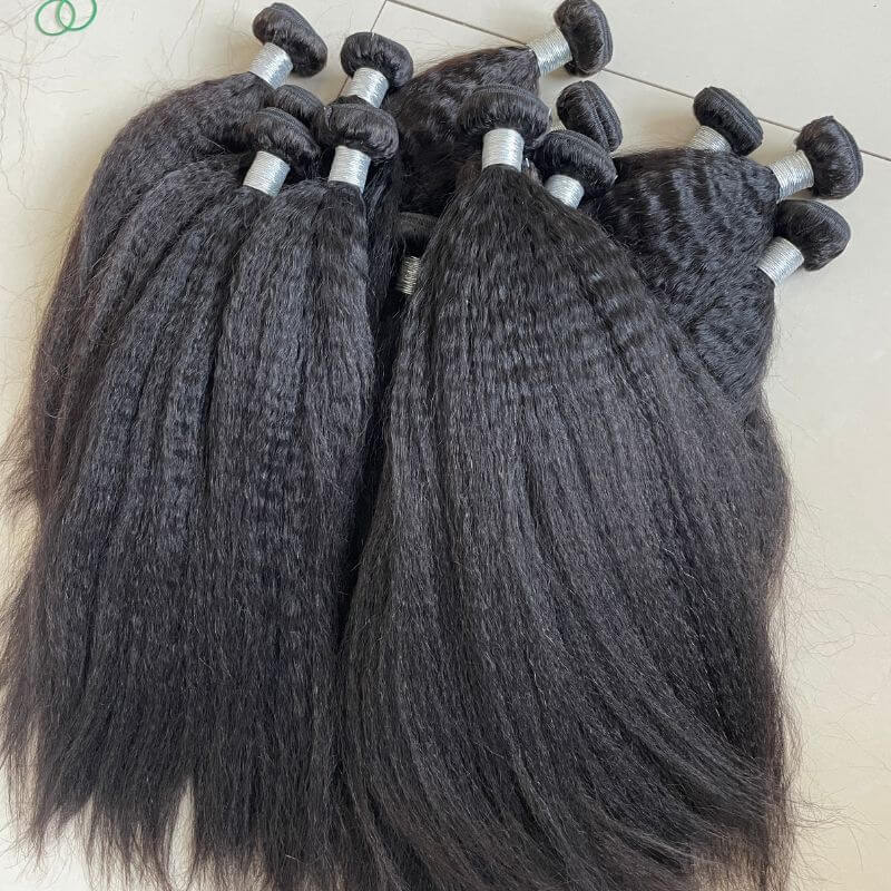 Pwigs High-quality Kinky Straight  Brazilian Human Hair Bundles Remy Kinky Straight  Hair Weft  #1b Natural Black Hair Extensions