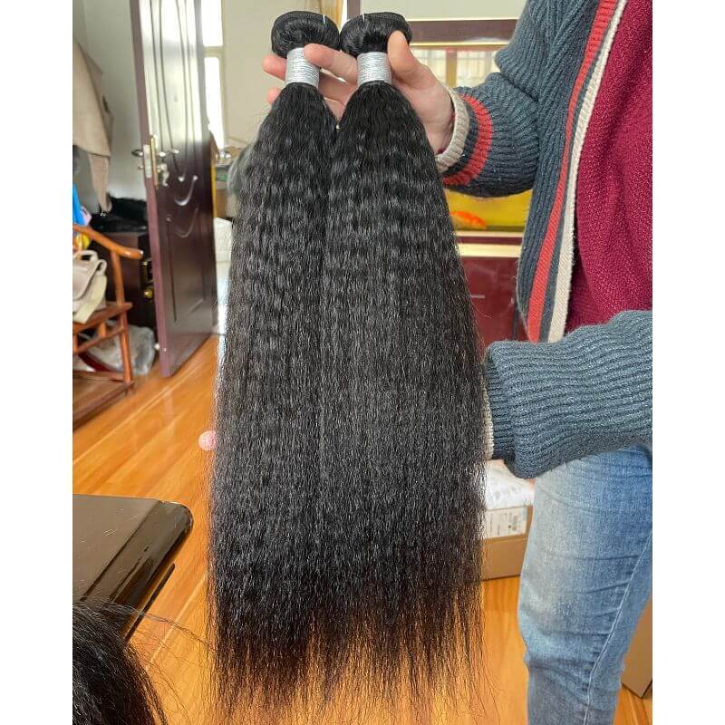 Pwigs High-quality Kinky Straight  Brazilian Human Hair Bundles Remy Kinky Straight  Hair Weft  #1b Natural Black Hair Extensions