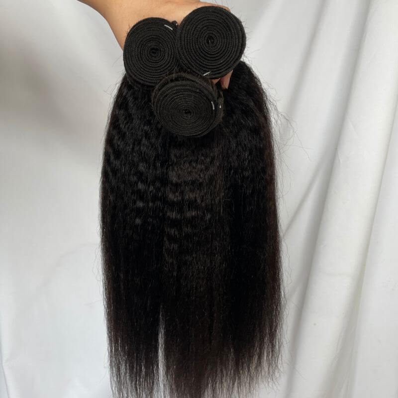 Pwigs High-quality Kinky Straight  Brazilian Human Hair Bundles Remy Kinky Straight  Hair Weft  #1b Natural Black Hair Extensions