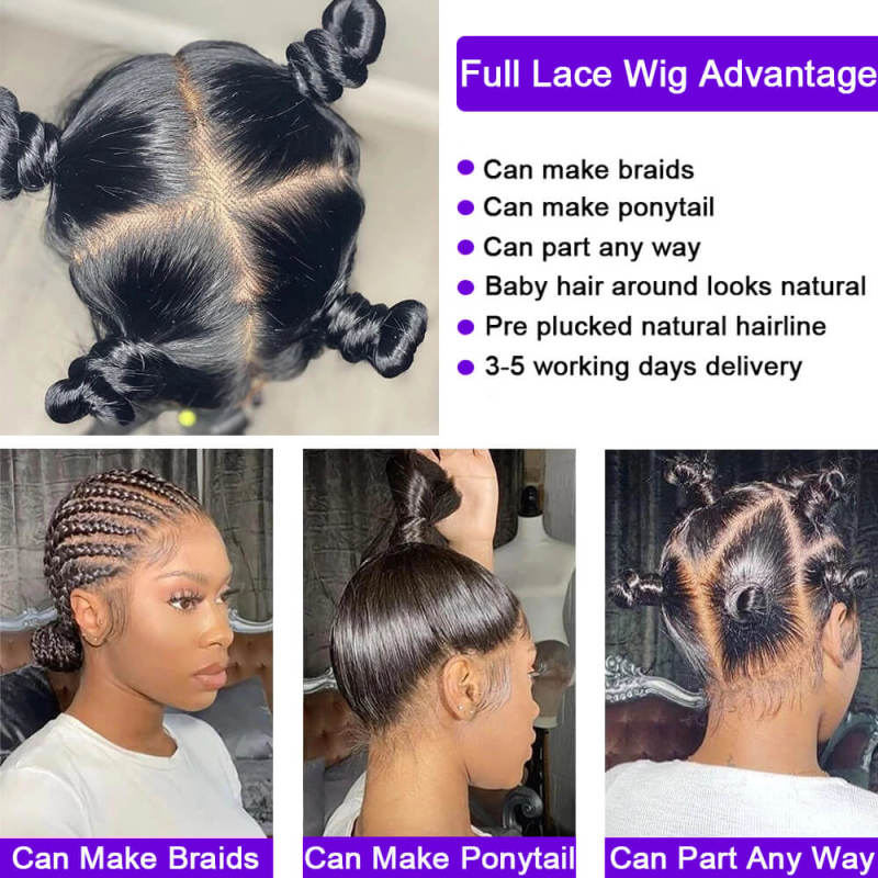 Full Lace Wigs 150% Density Brazilian Human Hair Silk Straight Pre-Plucked Natural Hair Line