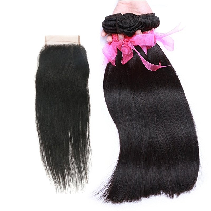 Straight Hair Bundles with Lace Closure  Grade 9A Unprocessed Straight Peruvian Hair 3 Bundles and 4x4 Free Part Closures Natural Color