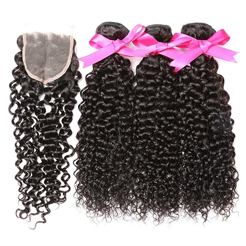 Brazilian Unprocessed Curly Virgin Weave Hair 3 Bundles with Closure Deep Curly Human Hair Extensions