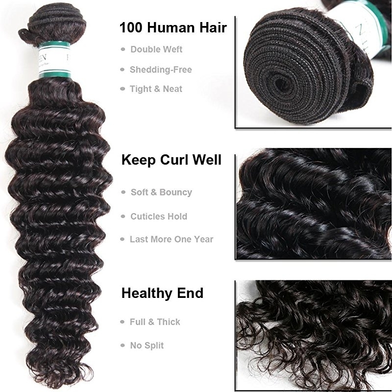 Brazilian Deep Wave 3 Bundles with Closure 8A Unprocessed Deep Curly Human Hair with Three Part Lace Closur Remy Hair