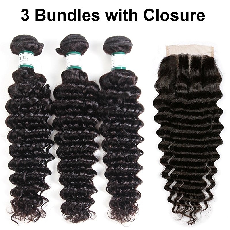 Brazilian Deep Wave 3 Bundles with Closure 8A Unprocessed Deep Curly Human Hair with Three Part Lace Closur Remy Hair