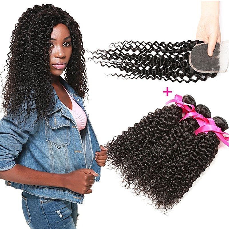 Brazilian Unprocessed Curly Virgin Weave Hair 3 Bundles with Closure Deep Curly Human Hair Extensions