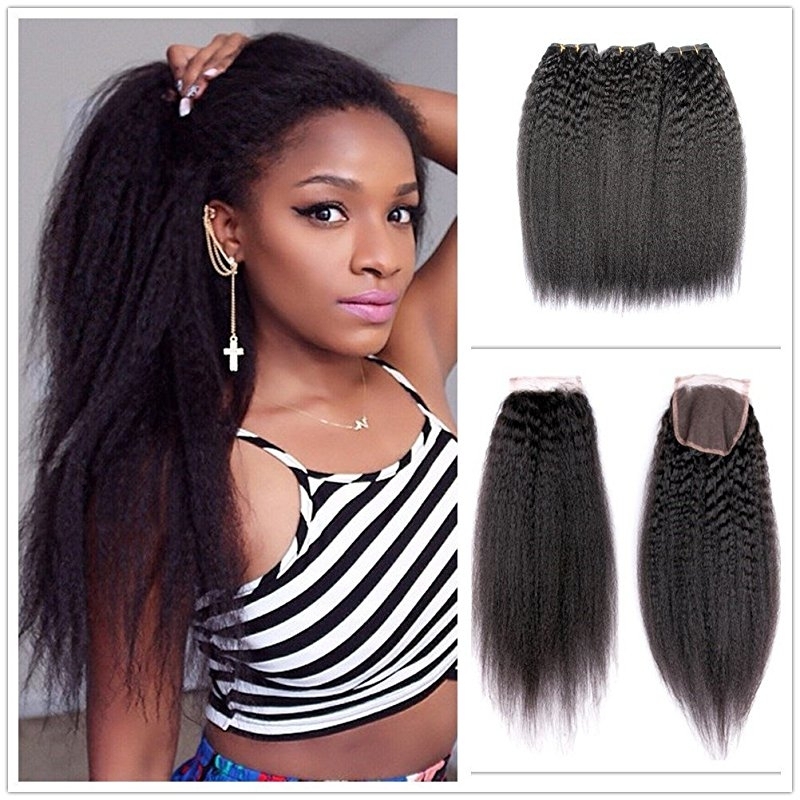 Kinky Straight Hair Bundles with Lace Closure, Yaki Straight Hair Weave Hair Human Lace Closure Human Hair