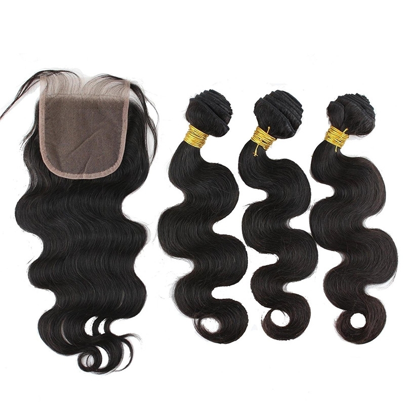 Hair Free Part 1pc 4x4 Lace Closure with Virgin Brazilian Human Hair 3 Bundles Weaves Body Wave Natural Color