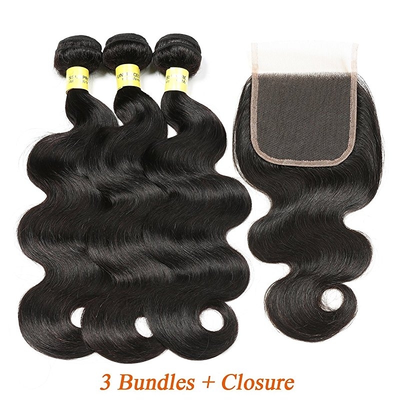 Hair With Closure 8A 3 Bundles Body Wave Virgin Human Hair Bundles With Lace Closure Unprocessed Hair Extensions Natural Black