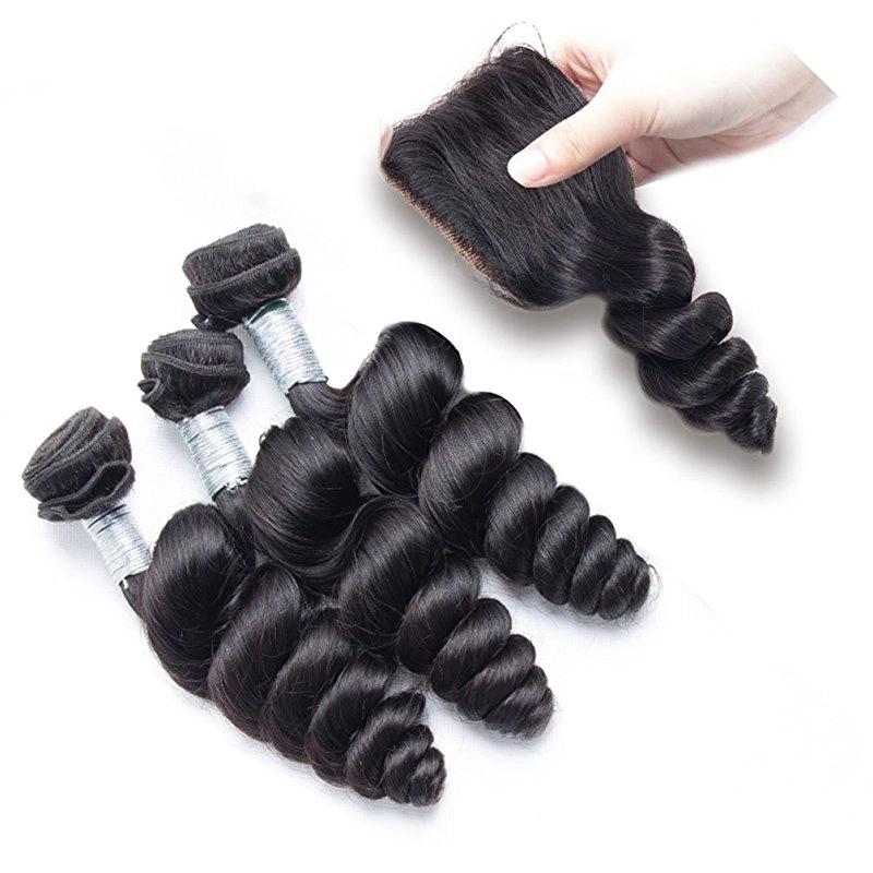 Unprocessed Loose Wave Brazilian Remy Hair 4x4 Lace Closure With Human Hair Bundles 3Pcs Brazilian Loose Wave With Closure