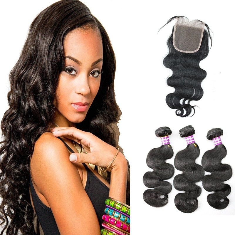 Hair Free Part 1pc 4x4 Lace Closure with Virgin Brazilian Human Hair 3 Bundles Weaves Body Wave Natural Color