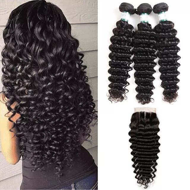 Brazilian Deep Wave 3 Bundles with Closure 8A Unprocessed Deep Curly Human Hair with Three Part Lace Closur Remy Hair