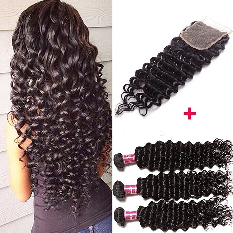 Brazilian Deep Wave Remy Hair 4x4 Lace Closure with Bundles, Unprocessed Human Hair Extensions Natural Color