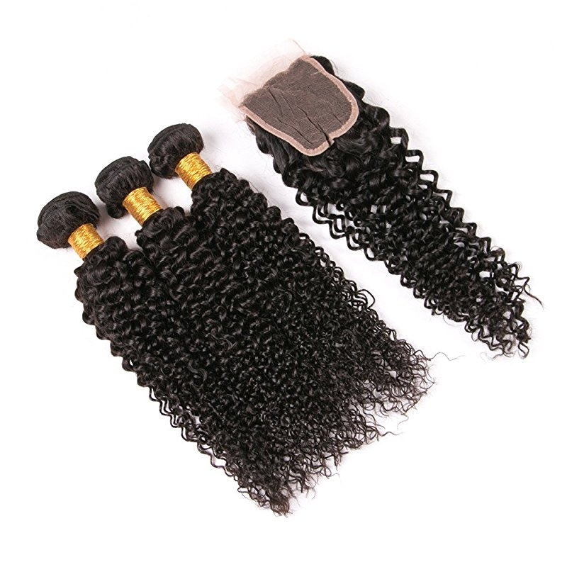 Peruvian Curly Hair 3 Bundles With Closure 8A Kinky Curly Hair Weave Invisible Part Lace Closure Hair