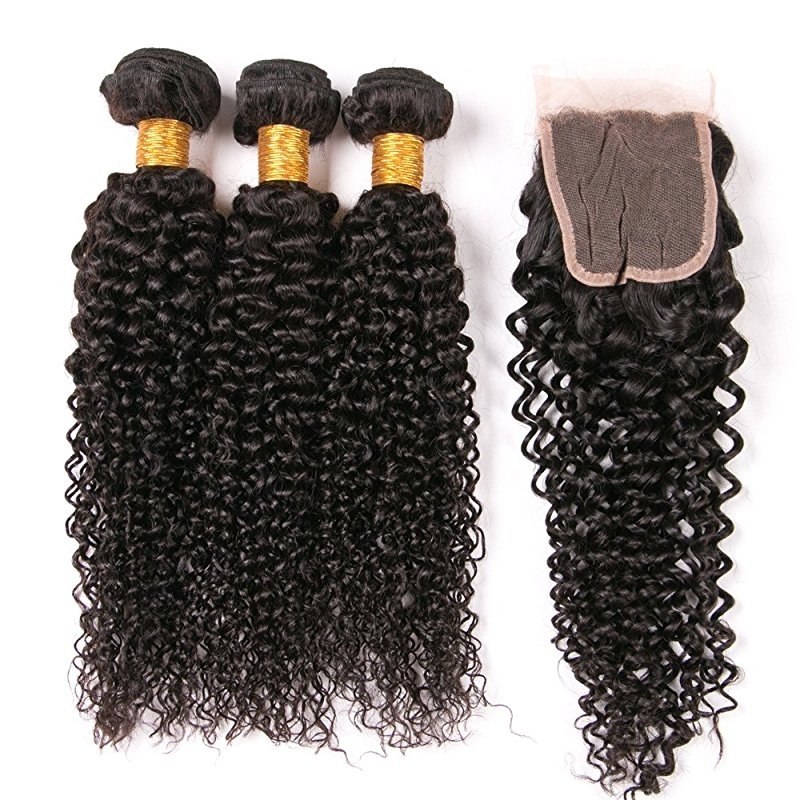 Peruvian Curly Hair 3 Bundles With Closure 8A Kinky Curly Hair Weave Invisible Part Lace Closure Hair