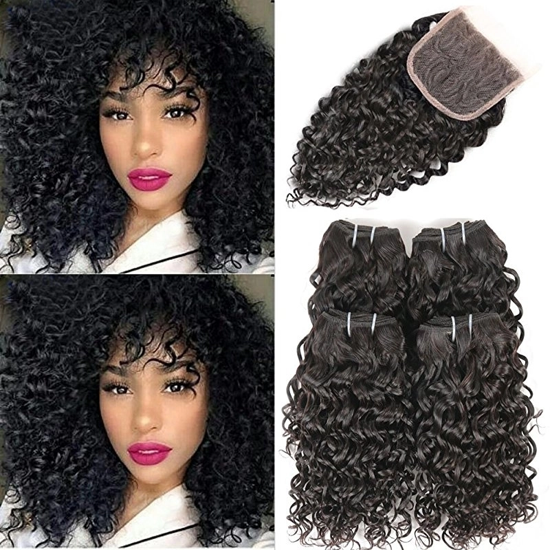 Brazilian Curly Remy Hair with Free Part Lace Closure Kinkys Curly Human Hair Bundles with Closure Hair Natural Color