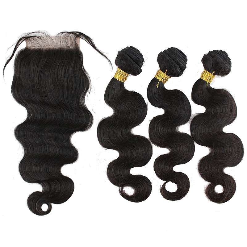 Hair Free Part 1pc 4x4 Lace Closure with Virgin Brazilian Human Hair 3 Bundles Weaves Body Wave Natural Color