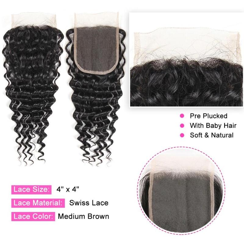 Brazilian Deep Wave 3 Bundles with Closure 8A Unprocessed Deep Curly Human Hair with Three Part Lace Closur Remy Hair