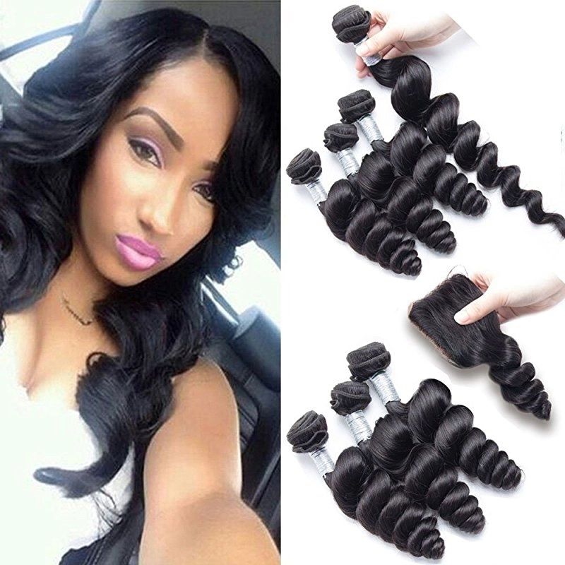 Unprocessed Loose Wave Brazilian Remy Hair 4x4 Lace Closure With Human Hair Bundles 3Pcs Brazilian Loose Wave With Closure