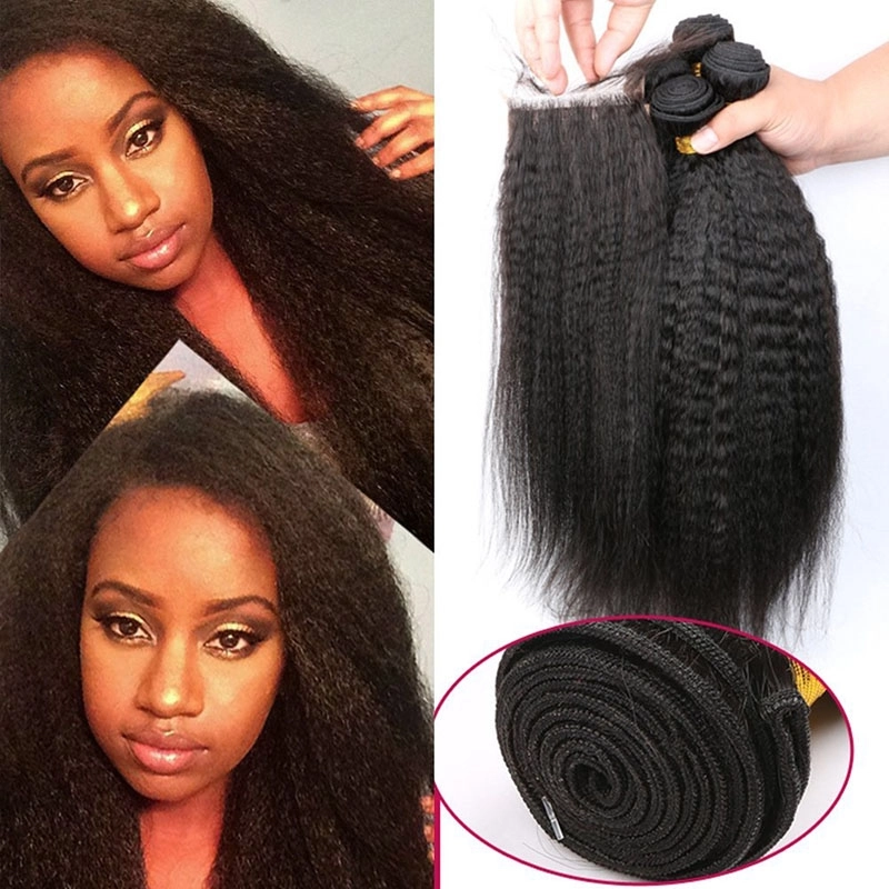 Mongolian Human Hair Kinky Straight Hair Bundles With Lace Closure 4pcs Mink Kinky Straight Hair