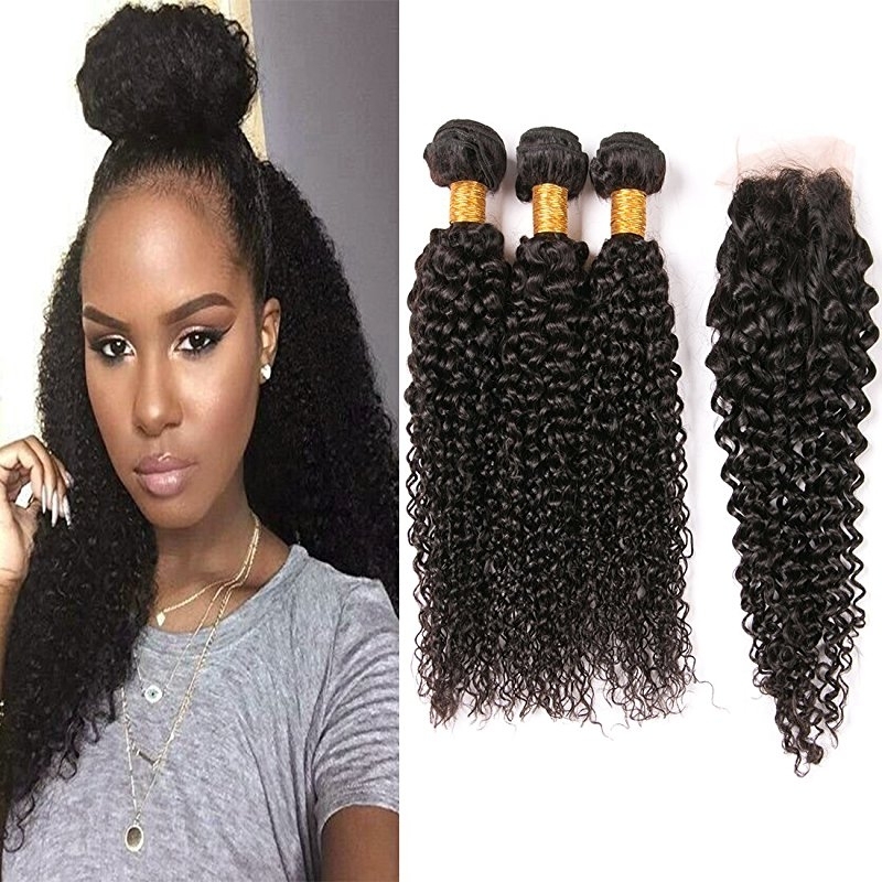 Peruvian Curly Hair 3 Bundles With Closure 8A Kinky Curly Hair Weave Invisible Part Lace Closure Hair