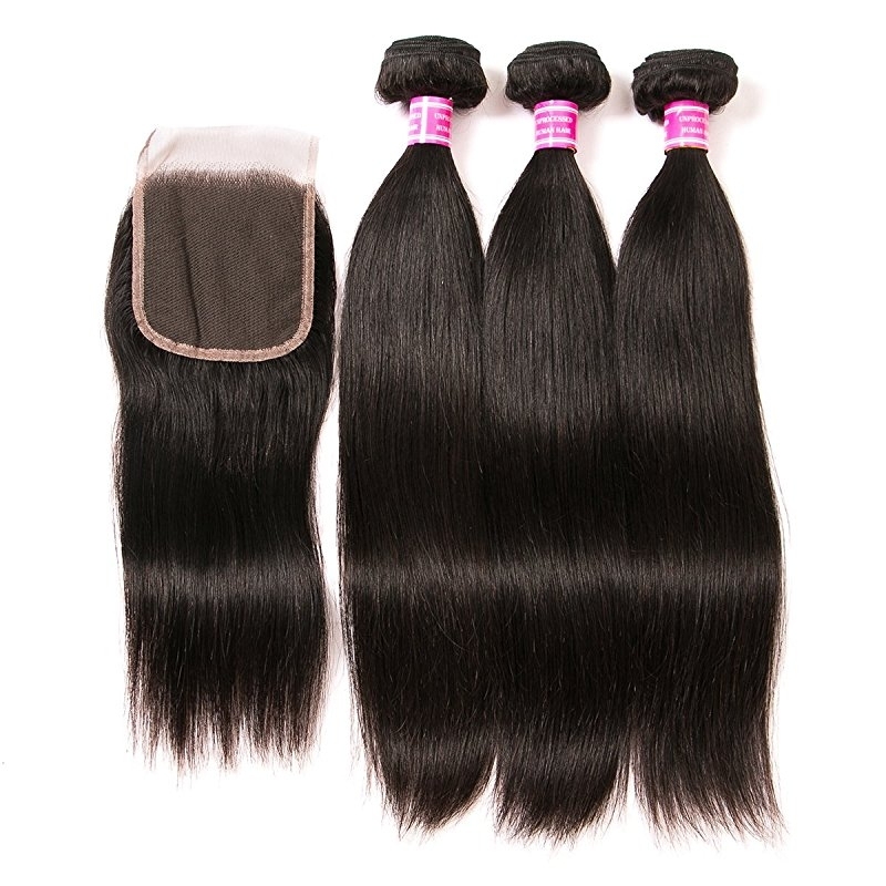 PeruvianHair 3 Bundles With Closure Unprocessed Malaysian Straight Human Hair Bundles With Lace Closure Free Part Hair Extensions