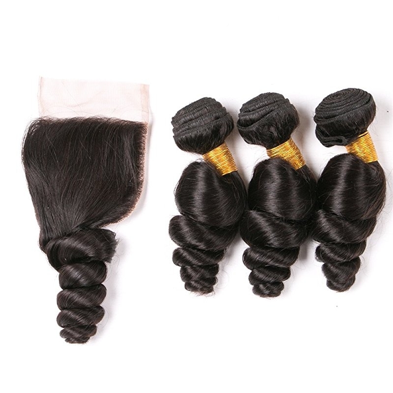 Lace Closure With 4x4 Free Part and 3 Bundles Loose Wave Natural Color Human Hair Unprocessed HairWeaves