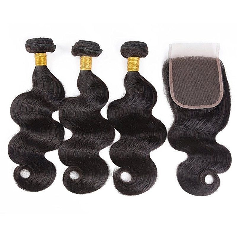 Body Wave 3 Bundles With Lace Closure Free Part 4×4 Closure Unprocessed Remy Human Hair Extensions Natural Color