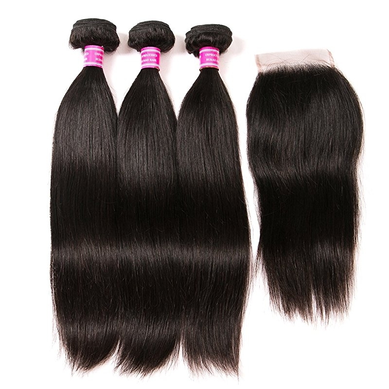 PeruvianHair 3 Bundles With Closure Unprocessed Malaysian Straight Human Hair Bundles With Lace Closure Free Part Hair Extensions