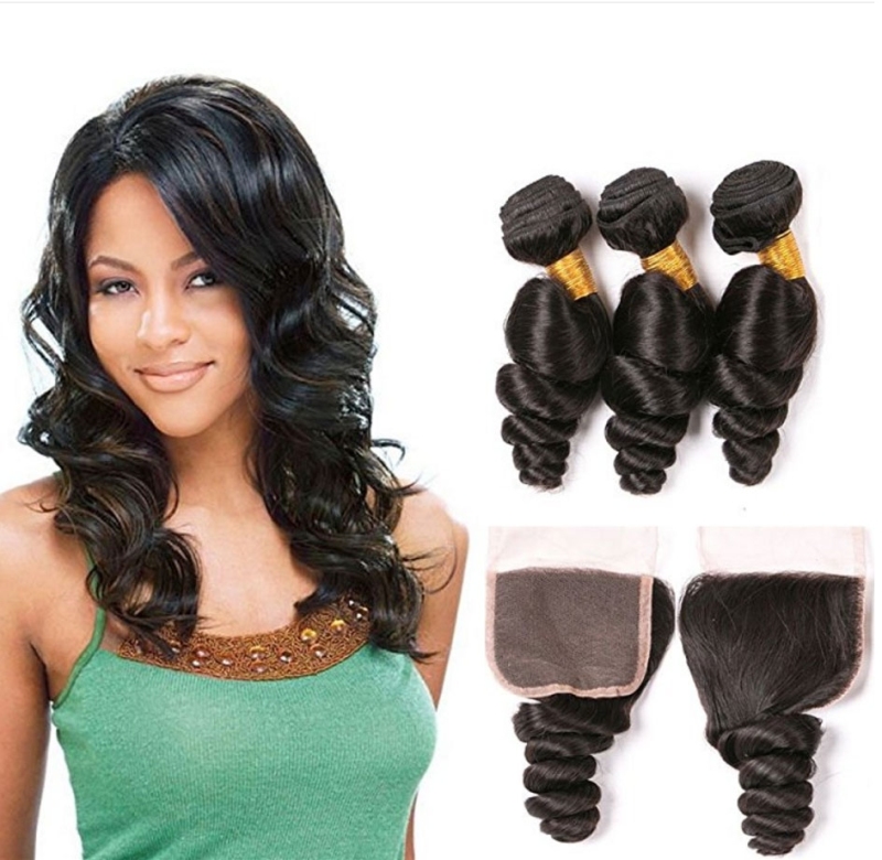Lace Closure With 4x4 Free Part and 3 Bundles Loose Wave Natural Color Human Hair Unprocessed HairWeaves
