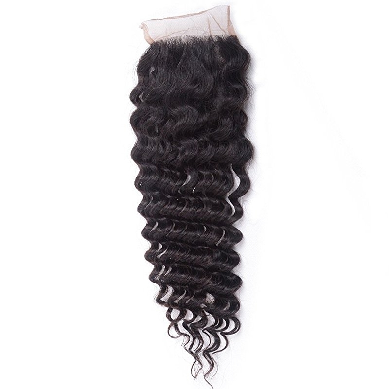 Brazilian Deep Wave Remy Hair 4x4 Lace Closure with Bundles, Unprocessed Human Hair Extensions Natural Color