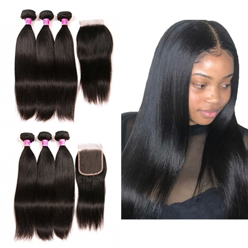 PeruvianHair 3 Bundles With Closure Unprocessed Malaysian Straight Human Hair Bundles With Lace Closure Free Part Hair Extensions