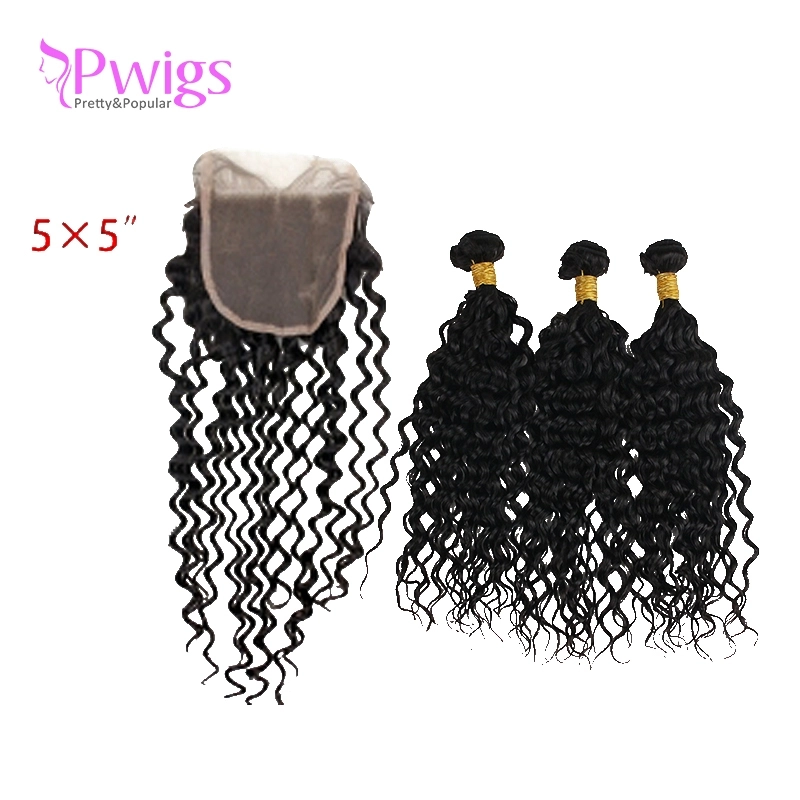 Curly 5x5 Lace Closure Unprocessed Brazilian Human Hair With Bundles Free Part for Black Women Natural Black