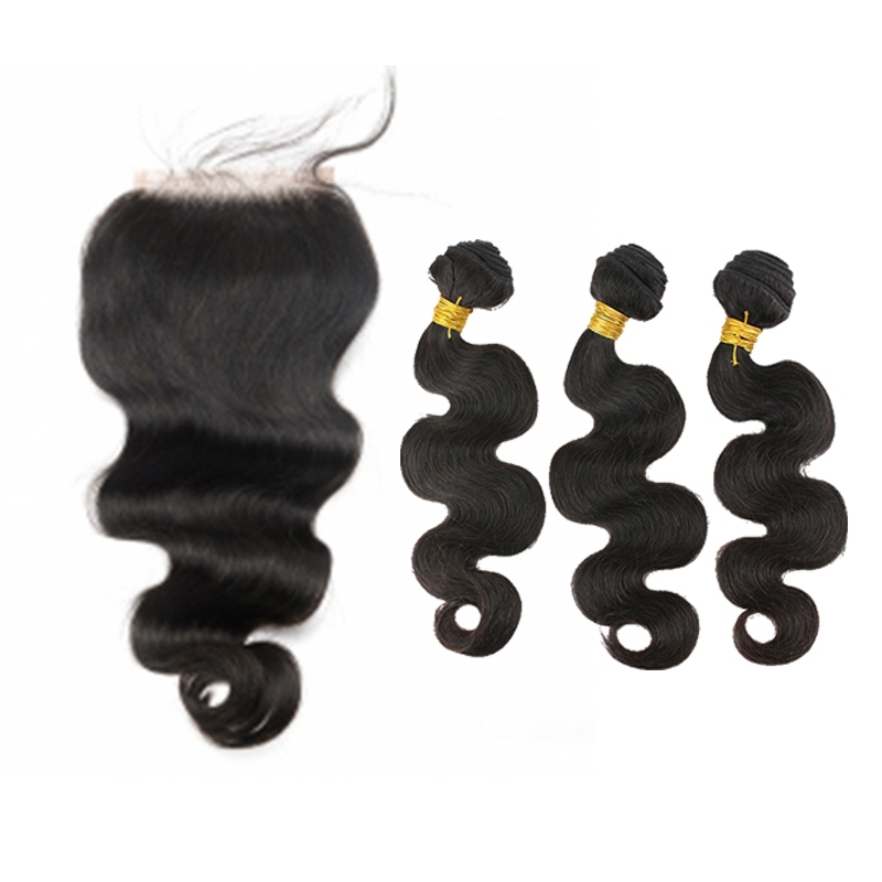 Body Wave 5x5 Lace Closure Brazilian Remy Baby Hair With Bundles Human Hair Natural Color