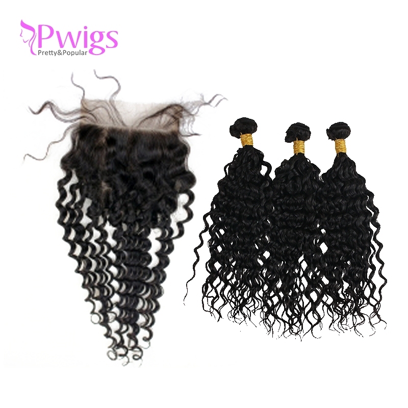 Curly 5x5 Lace Closure Unprocessed Brazilian Human Hair With Bundles Free Part for Black Women Natural Black