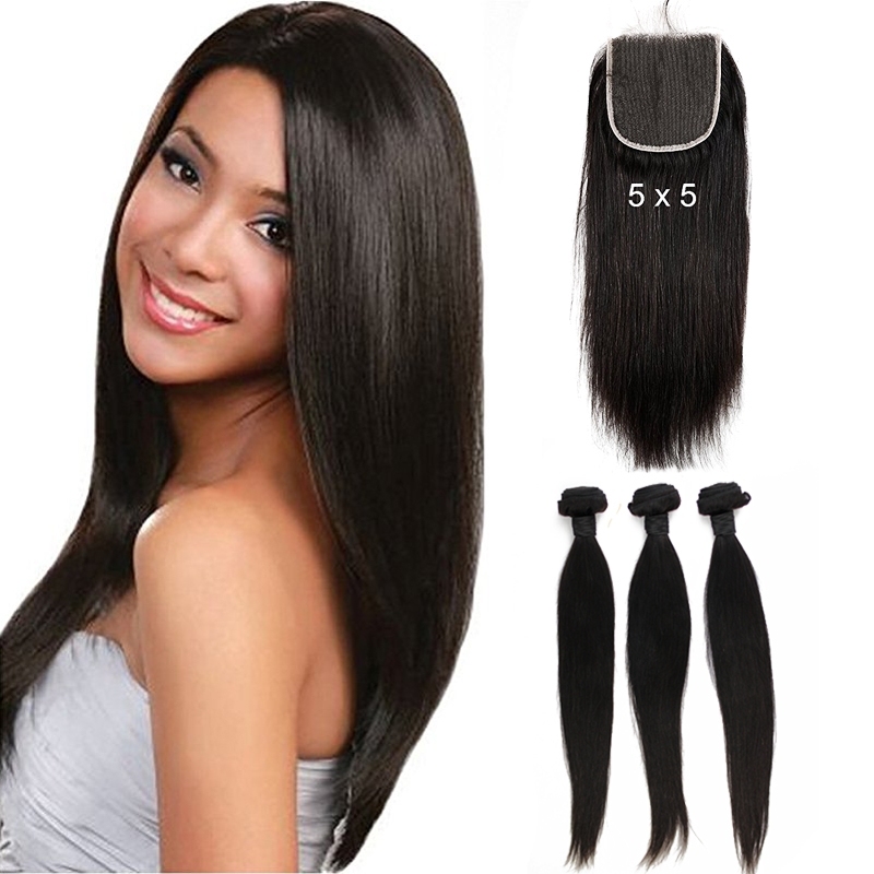 Brazilian Hair Weave 3 Bundles With Lace Closure Free Part Sliky Straight Human Hair Bundles With Closure