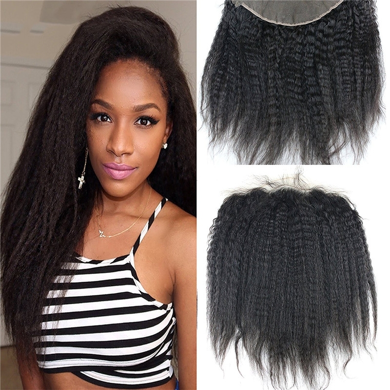 13x4 Full Lace Frontal Closure Kinky Straight Ear to Ear Free Part Unprocessed Mongolian Human Hair Extensions With Baby Hair Bleached Knots Na