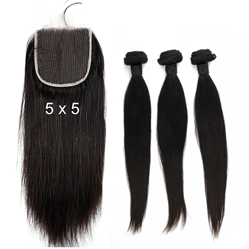 Brazilian Hair Weave 3 Bundles With Lace Closure Free Part Sliky Straight Human Hair Bundles With Closure