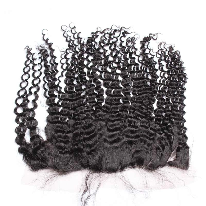 Kinky Curly Peruvian Human Hair Ear To Ear Lace Frontal Closure Hairstyles 13x4inchs Natural color For Sale