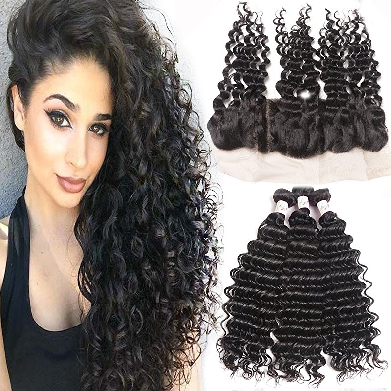 Remy Hair 3 Bundles with Lace Frontal Human Hair Bundles with 13x4 Unprocessed Deep Curly Remy Hair Extensions