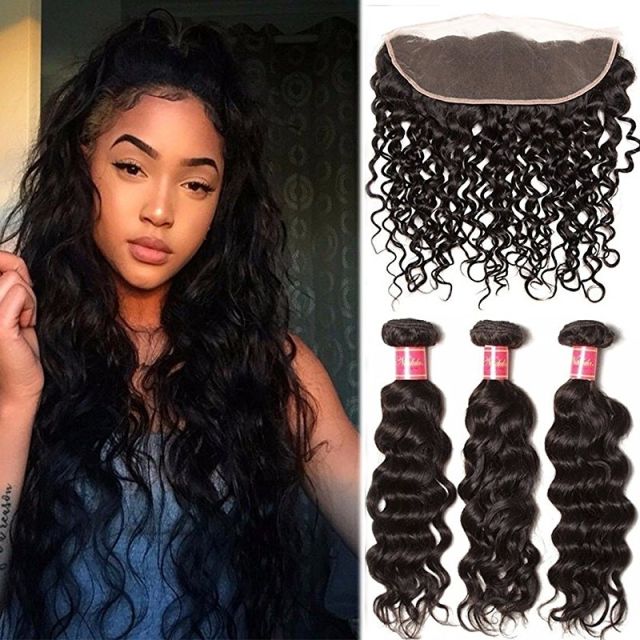 Good Quality Remy Hair 3 Bundles Natural Wave Hair with Free Part Lace Frontal Closure
