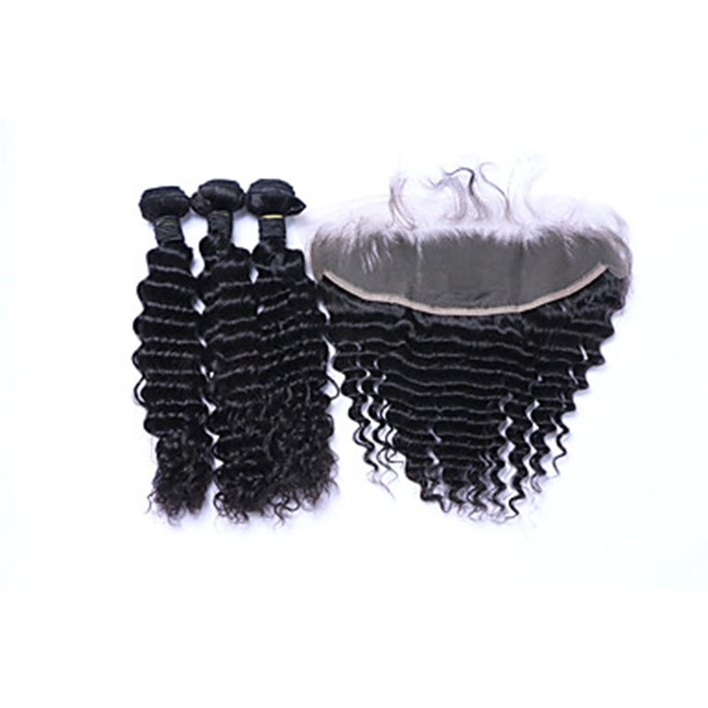 3Bundles 300g Brazilian Remy Human Hair Deep Wave Human Hair Wefts with Free Part 13x4 Lace Frontal Closures