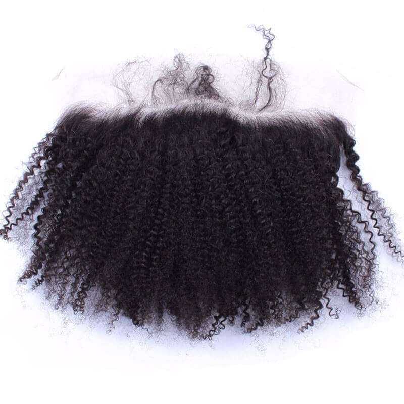 Natural Color Human Hair Afro Kinky Curly Hair Bundles 3PCS with 13X4 Lace Frontal Baby Hair Around Bleached Knots