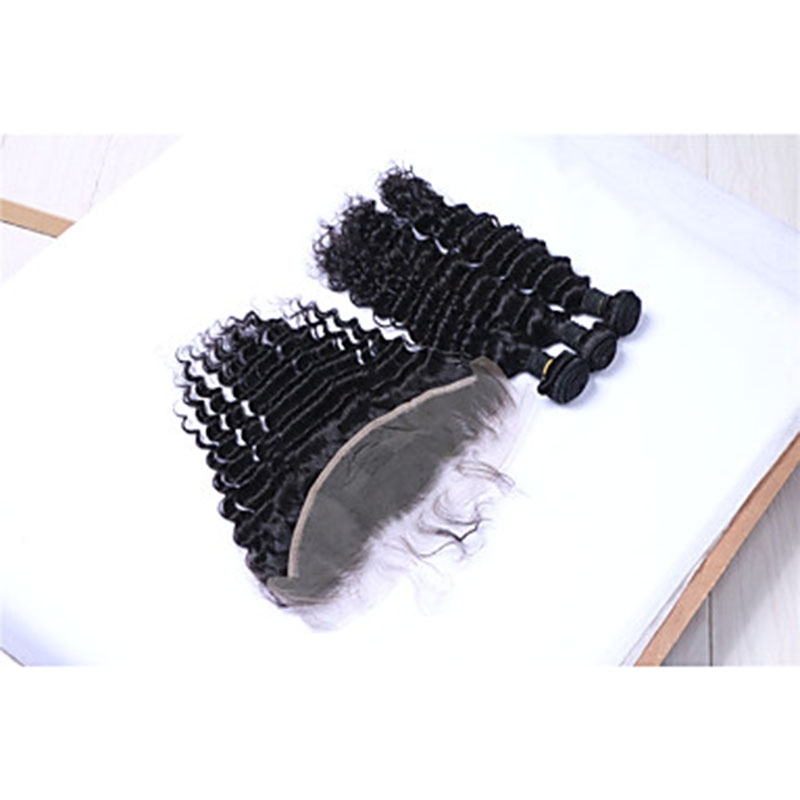 3Bundles 300g Brazilian Remy Human Hair Deep Wave Human Hair Wefts with Free Part 13x4 Lace Frontal Closures