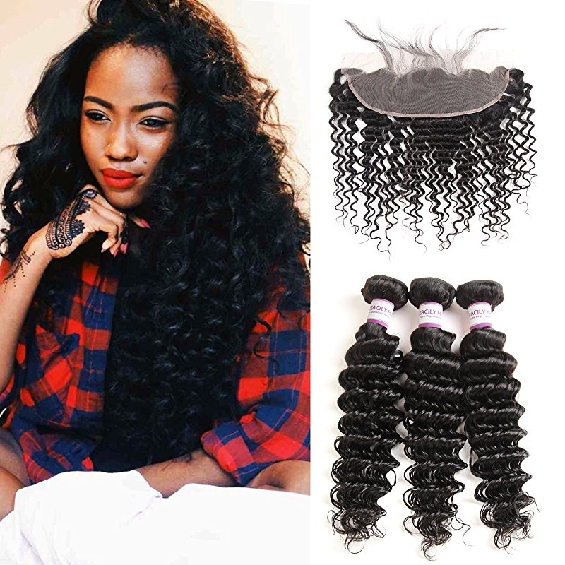 Brazilian Deep Wave Hair Bundles with Frontal Closure 13x4 Ear to Ear Pre Plucked Free Middle Three Part Sew in Human Wigs Lace Frontal