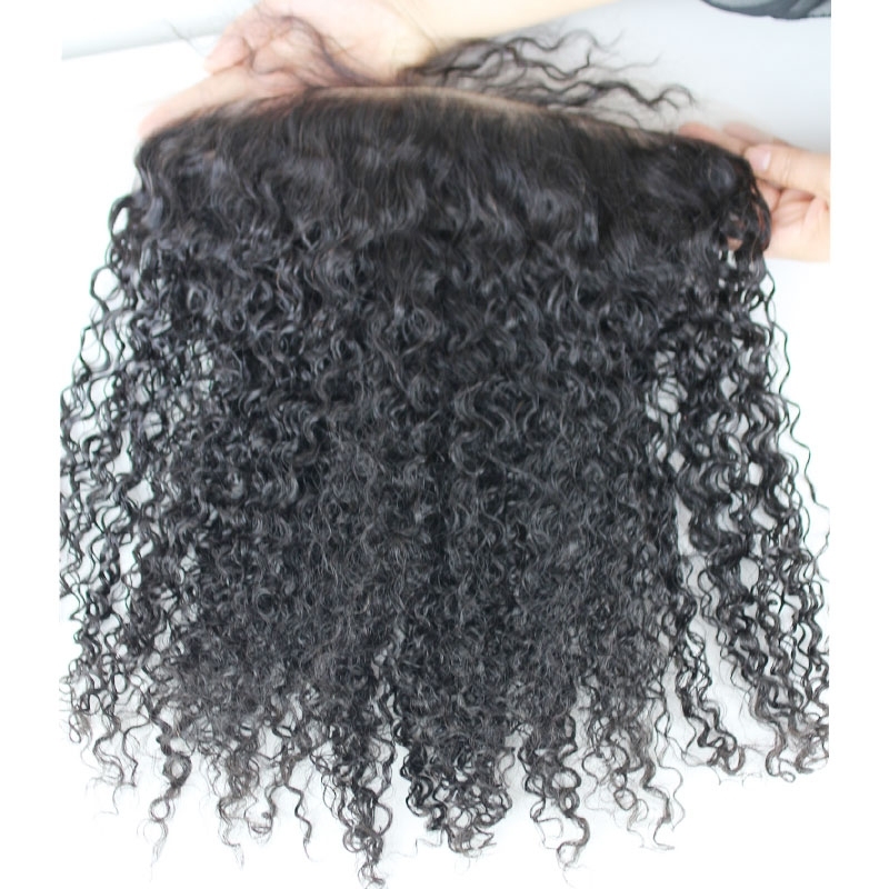 Pre Plucked 13X6 Mongolian Kinky Curly Remy Hair Lace Frontal Closure Bleached knots Natural Color Density 130% In Stock