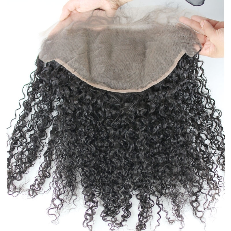 Pre Plucked 13X6 Mongolian Kinky Curly Remy Hair Lace Frontal Closure Bleached knots Natural Color Density 130% In Stock