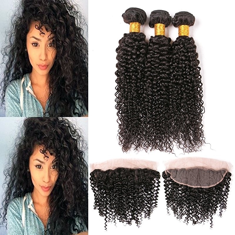 Kinky Curly Hair And Natural Brazilian Lace front Closure Remy Bundles Free Part 13x4 Human Hair